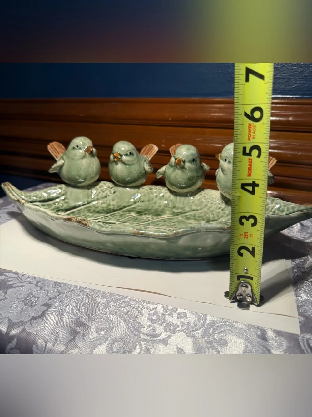 Boston International ceramic tray rustic green leaf design with 4 perched birds